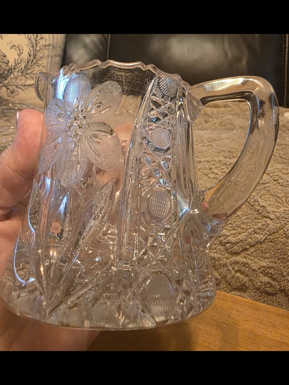 Vintage Heavy Cut Crystal Creamer & Pitcher Set | Floral Etched Crystal